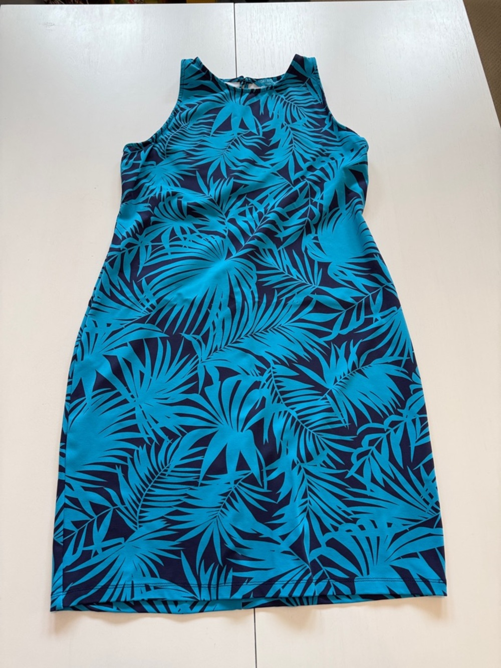 Tori Richard Teal & Navy Tropical Leaf Midi Dress